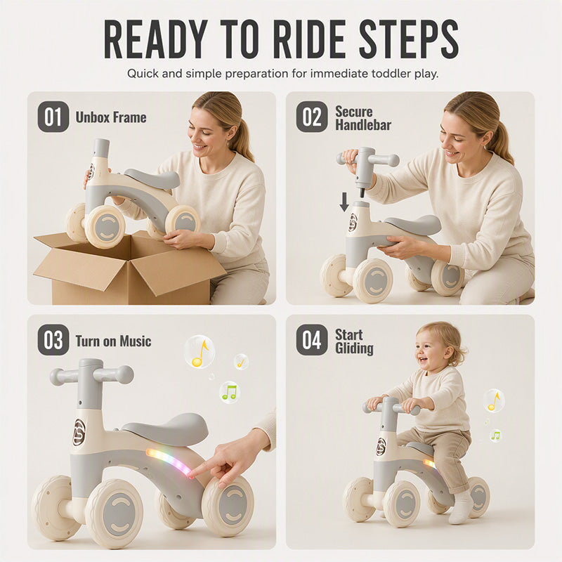 🎉 2026 Sale — Over 22,000 Sold! 🚲 Baby Balance Bike with Music & Lights – 4-Wheel Stability, LED Fun – Perfect First Bike for Toddlers! ✨