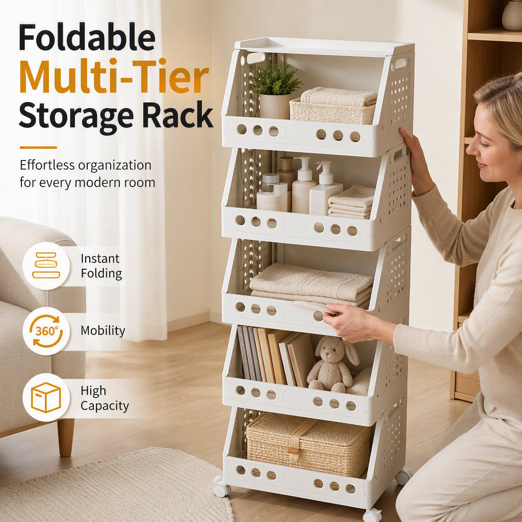 ⏳LIMITED-TIME 49% OFF! 🏠 Multi-Tier Foldable Storage Organizer with Wheels – Space-Saving Rolling Cart, Lockable Wheels & Multi-Room Use 🗄️