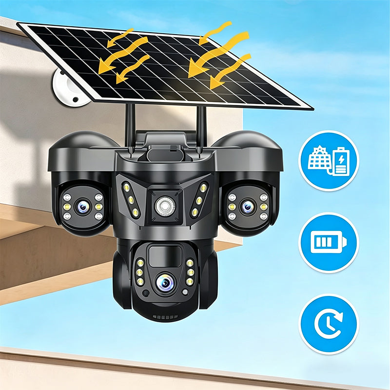 ☀️ Solar Triple-Lens Security Camera – Clear Day/Night Monitoring, Outdoor Home Surveillance for Yard, Driveway & Garage 🏠