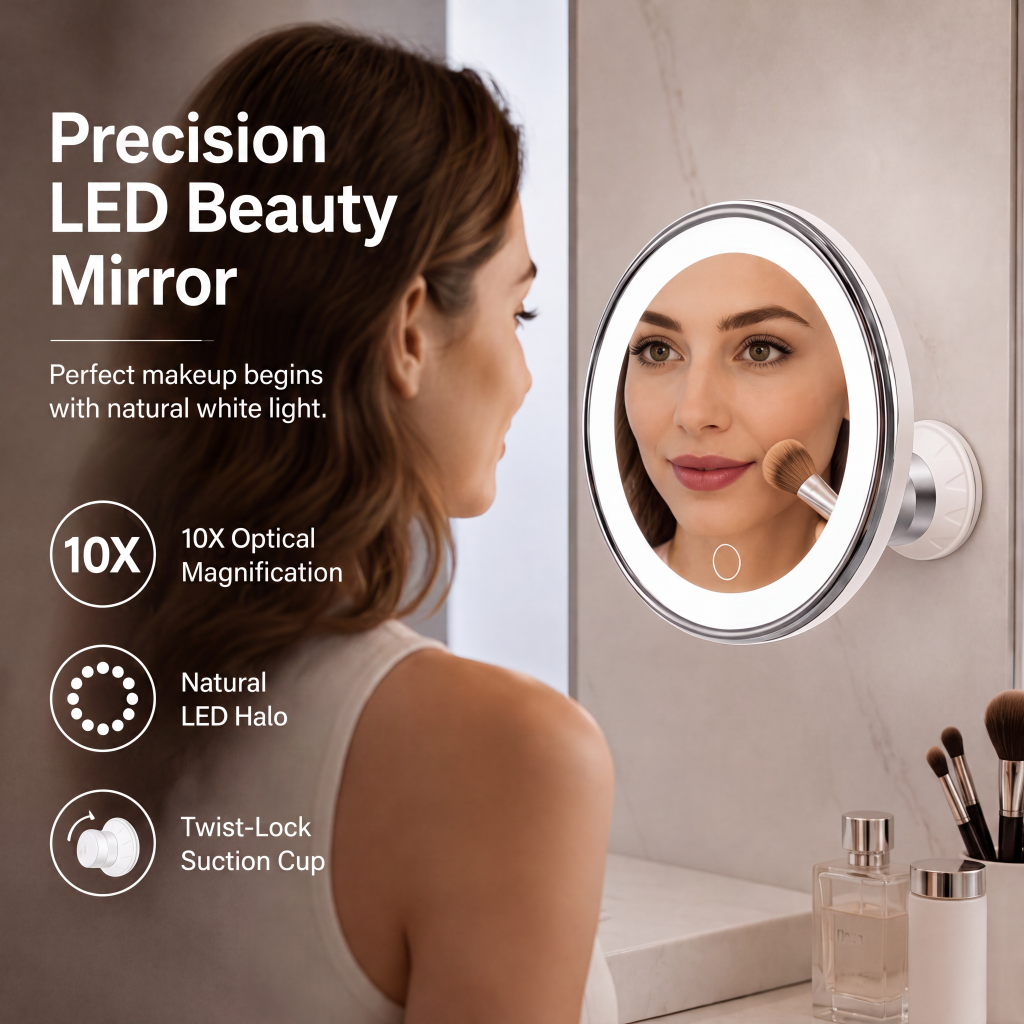 ⏳🔥LIMITED-TIME 49% OFF! ⏰10x Magnifying Makeup Mirror with LED Light and Suction Cup
