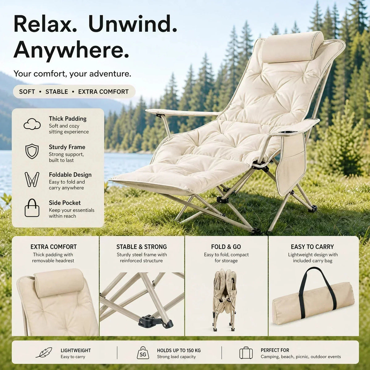 🥳2026 BESTSELLER🥾 Adjustable Folding Chair – 3/4 Recline Positions, Leg Rest – Reinforced Carbon Steel, 300 lbs – 600D Oxford – Folds for Camping & Beach! 🛡️💨