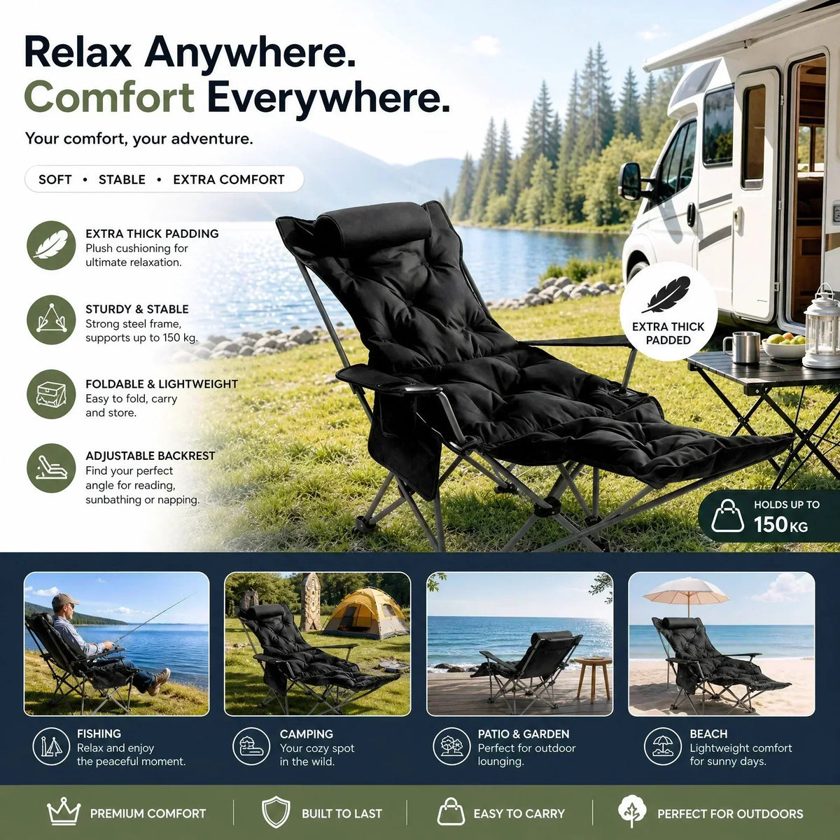 🥳2026 BESTSELLER🥾 Adjustable Folding Chair – 3/4 Recline Positions, Leg Rest – Reinforced Carbon Steel, 300 lbs – 600D Oxford – Folds for Camping & Beach! 🛡️💨