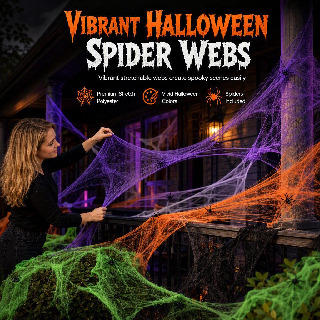 🎃Halloween Stretchable Spider Web and Fake Spiders Set for Haunted House Outdoor Yard and Bar Decorations