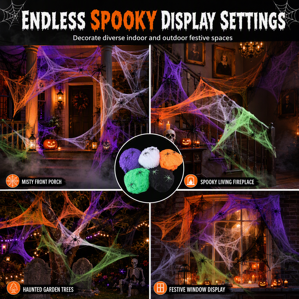 🎃Halloween Stretchable Spider Web and Fake Spiders Set for Haunted House Outdoor Yard and Bar Decorations