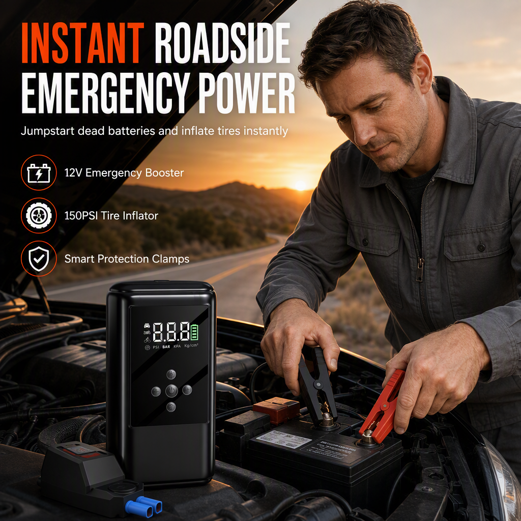 ⚡ LIMITED-TIME 49% OFF! ✨ Jump Starter & Tire Inflator – 600A Peak Current, LED Light, Portable Car Emergency Tool 🚗