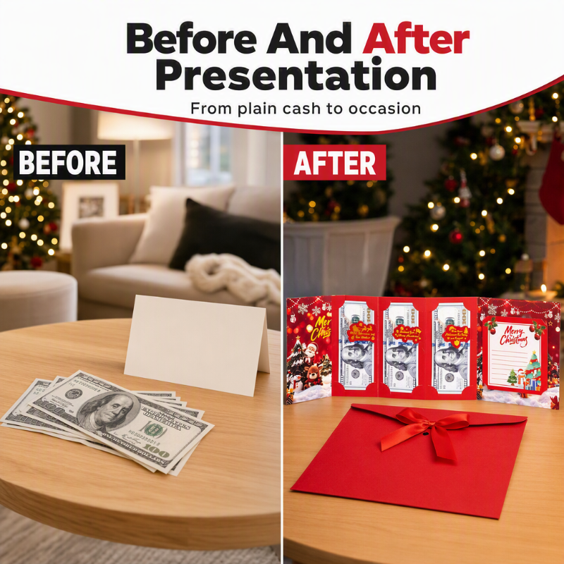 🎄 Festive Cash Gift Card: Multi-Slot Holder, Greeting Message Panel, with Envelope & Ribbon