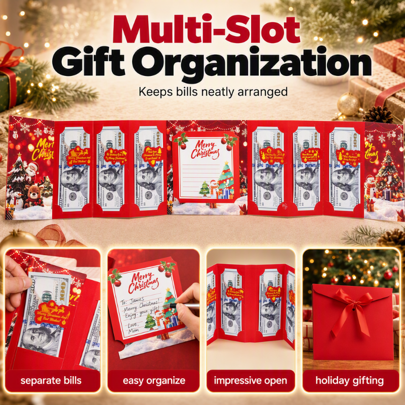 🎄 Festive Cash Gift Card: Multi-Slot Holder, Greeting Message Panel, with Envelope & Ribbon