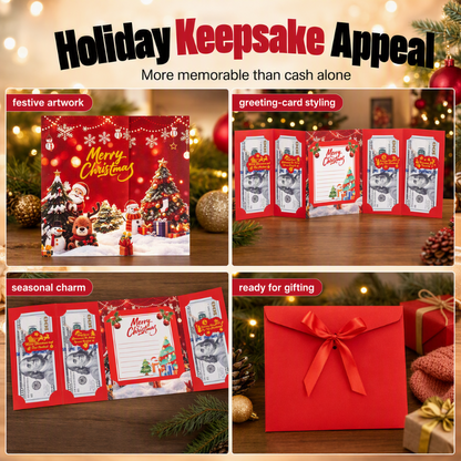 🎄 Festive Cash Gift Card: Multi-Slot Holder, Greeting Message Panel, with Envelope & Ribbon