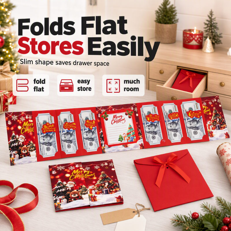 🎄 Festive Cash Gift Card: Multi-Slot Holder, Greeting Message Panel, with Envelope & Ribbon