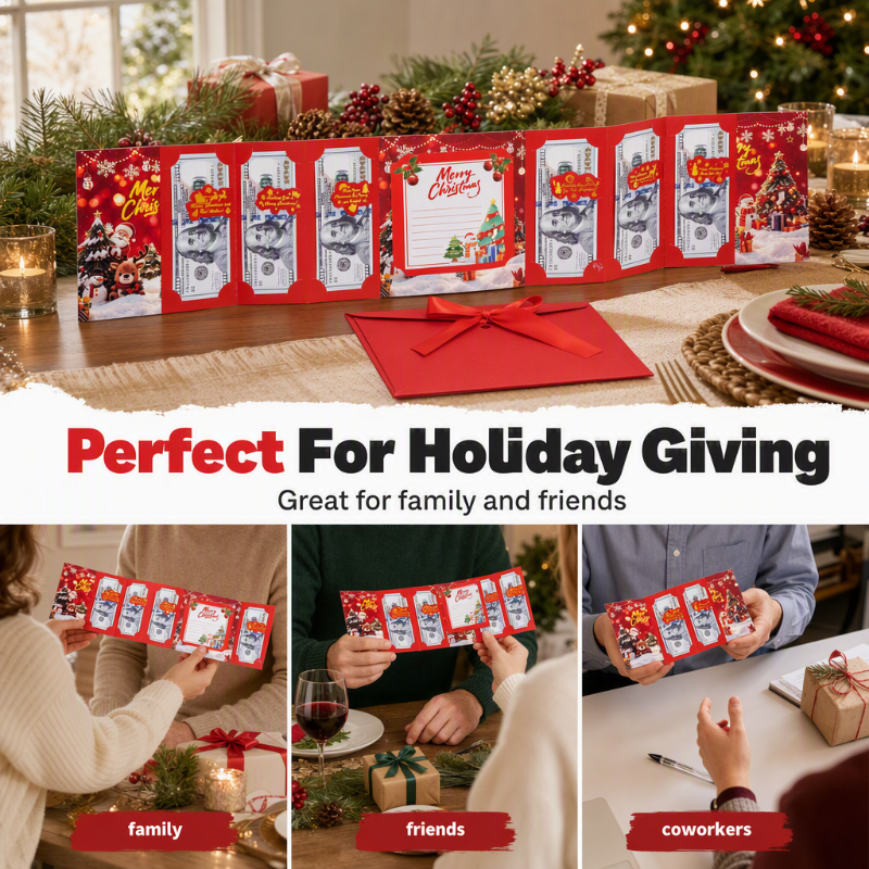 🎄 Festive Cash Gift Card: Multi-Slot Holder, Greeting Message Panel, with Envelope & Ribbon