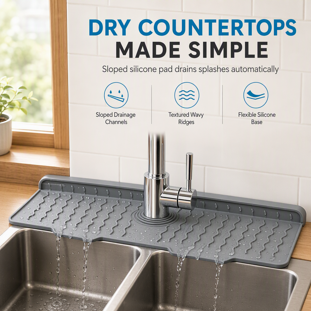 💧 LIMITED-TIME 49% OFF! 🧽 Food Grade Silicone Faucet Splash Guard Mat – Drain Fast, Flexible, Cuttable ✨