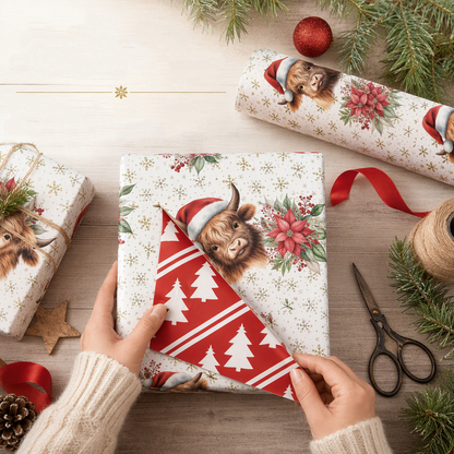 🎄Christmas Highland Cow and Floral Gift Wrapping Paper Roll 43x500cm Holiday Present Wrap