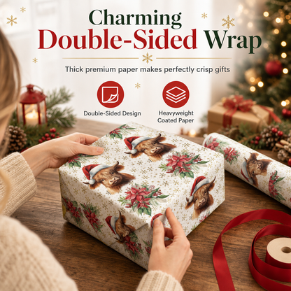 🎄Christmas Highland Cow and Floral Gift Wrapping Paper Roll 43x500cm Holiday Present Wrap
