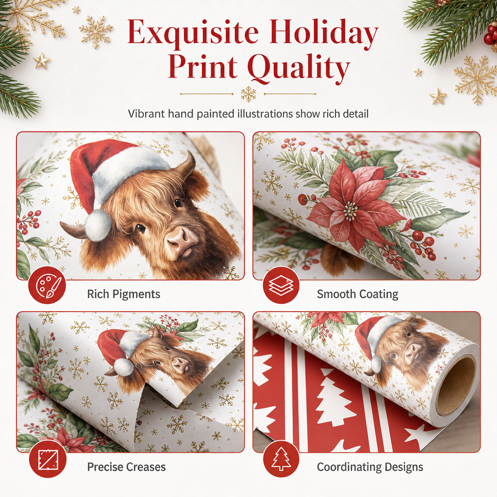 🎄Christmas Highland Cow and Floral Gift Wrapping Paper Roll 43x500cm Holiday Present Wrap