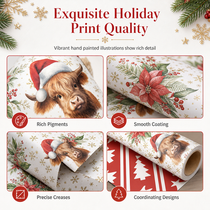 🎄Christmas Highland Cow and Floral Gift Wrapping Paper Roll 43x500cm Holiday Present Wrap