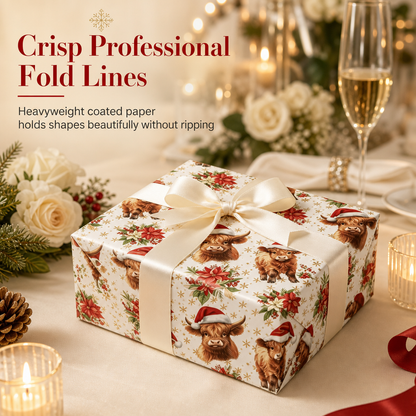 🎄Christmas Highland Cow and Floral Gift Wrapping Paper Roll 43x500cm Holiday Present Wrap
