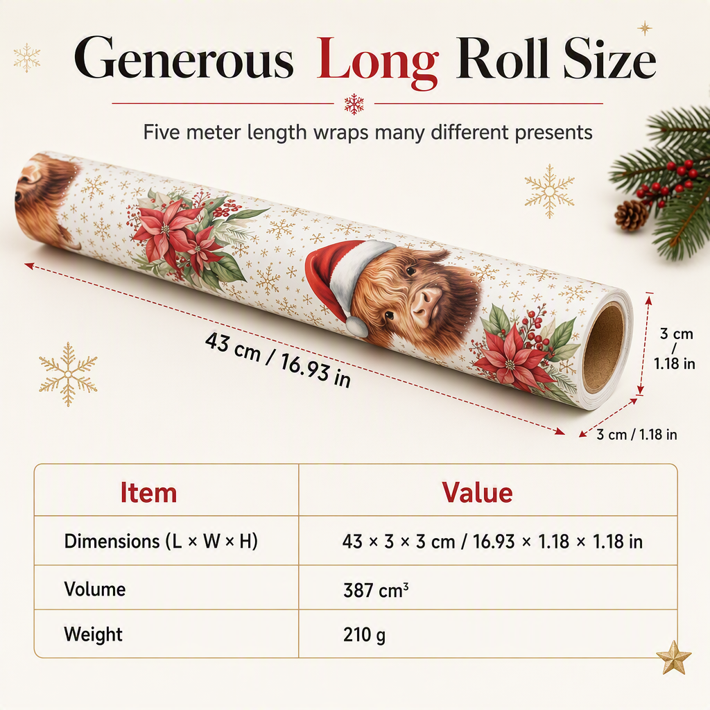🎄Christmas Highland Cow and Floral Gift Wrapping Paper Roll 43x500cm Holiday Present Wrap