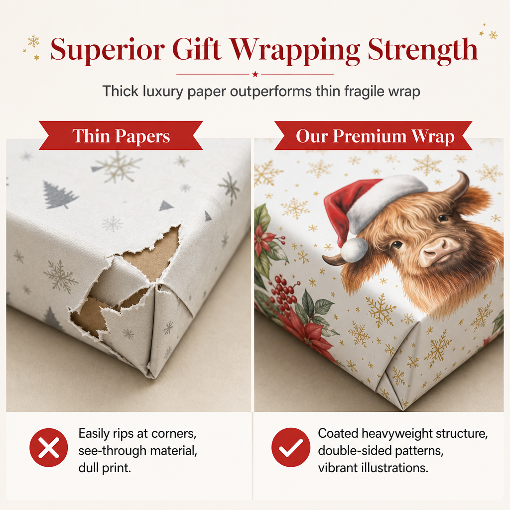🎄Christmas Highland Cow and Floral Gift Wrapping Paper Roll 43x500cm Holiday Present Wrap