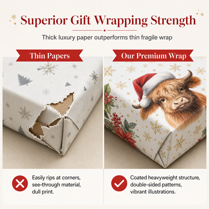 🎄Christmas Highland Cow and Floral Gift Wrapping Paper Roll 43x500cm Holiday Present Wrap