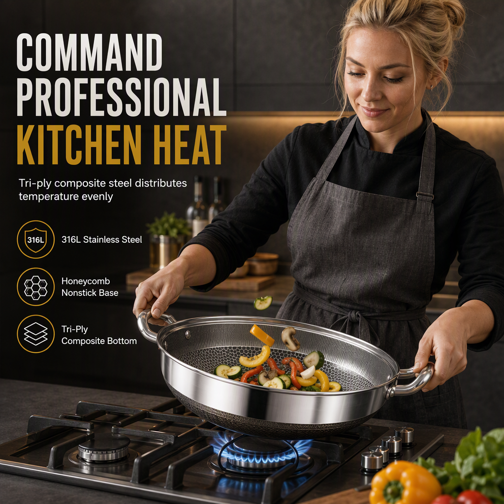 ⏳Time-Limited Special⏰ Thickened Stainless Steel Nonstick Stir Fry Pan with Lid Flat Bottom Cooking Wok with Dual Handles