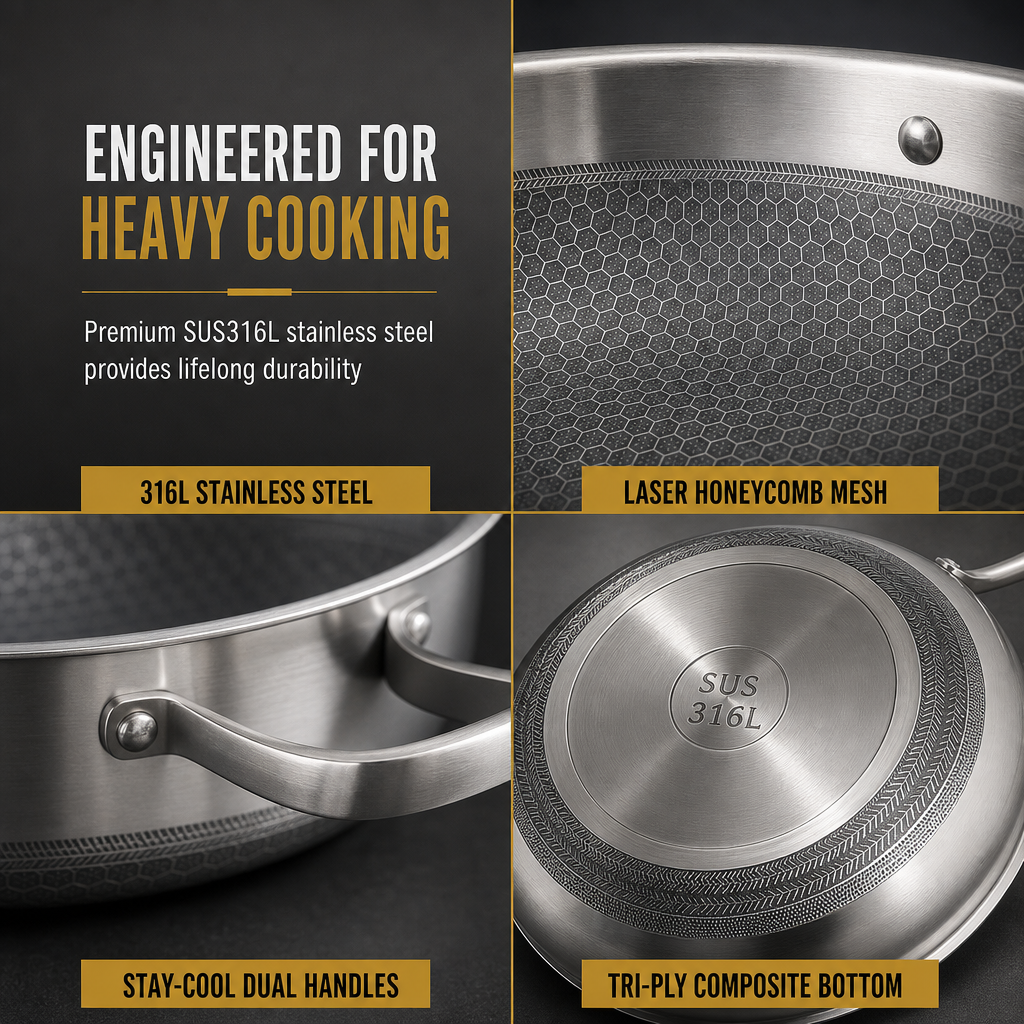 ⏳Time-Limited Special⏰ Thickened Stainless Steel Nonstick Stir Fry Pan with Lid Flat Bottom Cooking Wok with Dual Handles