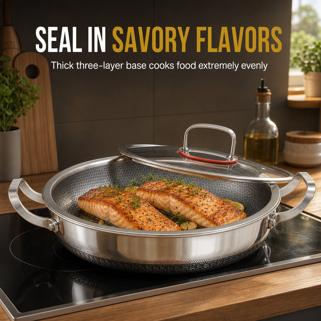 ⏳Time-Limited Special⏰ Thickened Stainless Steel Nonstick Stir Fry Pan with Lid Flat Bottom Cooking Wok with Dual Handles