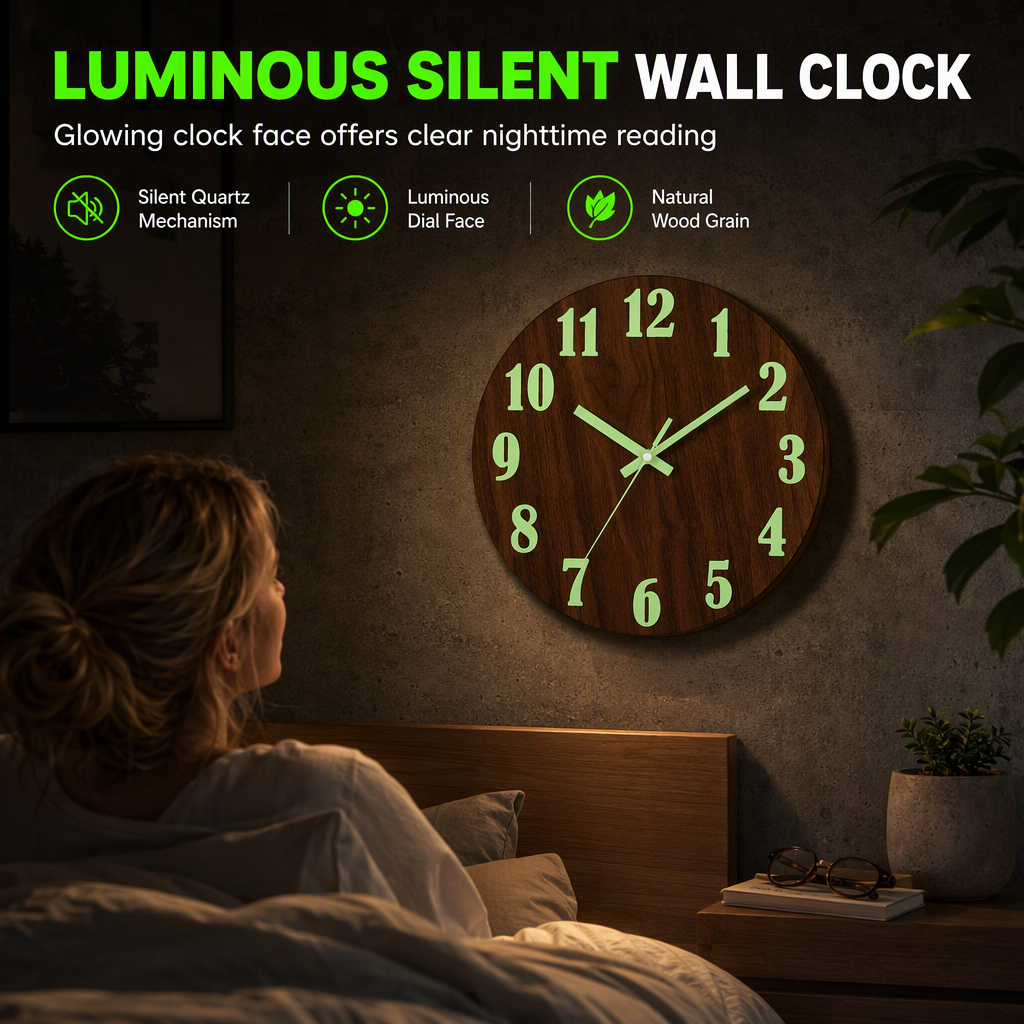 🔥Limited-Time Offer🕰️12-Inch Silent Wooden Wall Clock – Luminous Glow & MDF Wood Grain✨