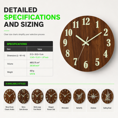 🔥Limited-Time Offer🕰️12-Inch Silent Wooden Wall Clock – Luminous Glow & MDF Wood Grain✨