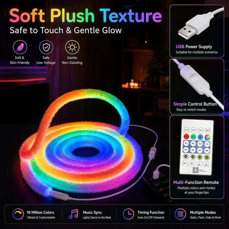 ⏳LAST DAY SALE ONLY ￡14.99!!✨ Faux Fur Neon Light Strip – 360° All-Round Glow, Add a Cosy Glow to Bedroom, Dorm & Party Spaces ✨