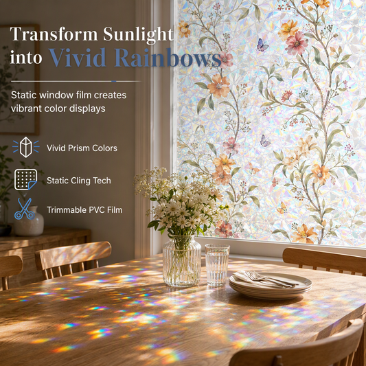 💐Rainbow Window Film Static Cling Decorative Glass Sticker with Colorful Flower Design for Home Window Decoration
