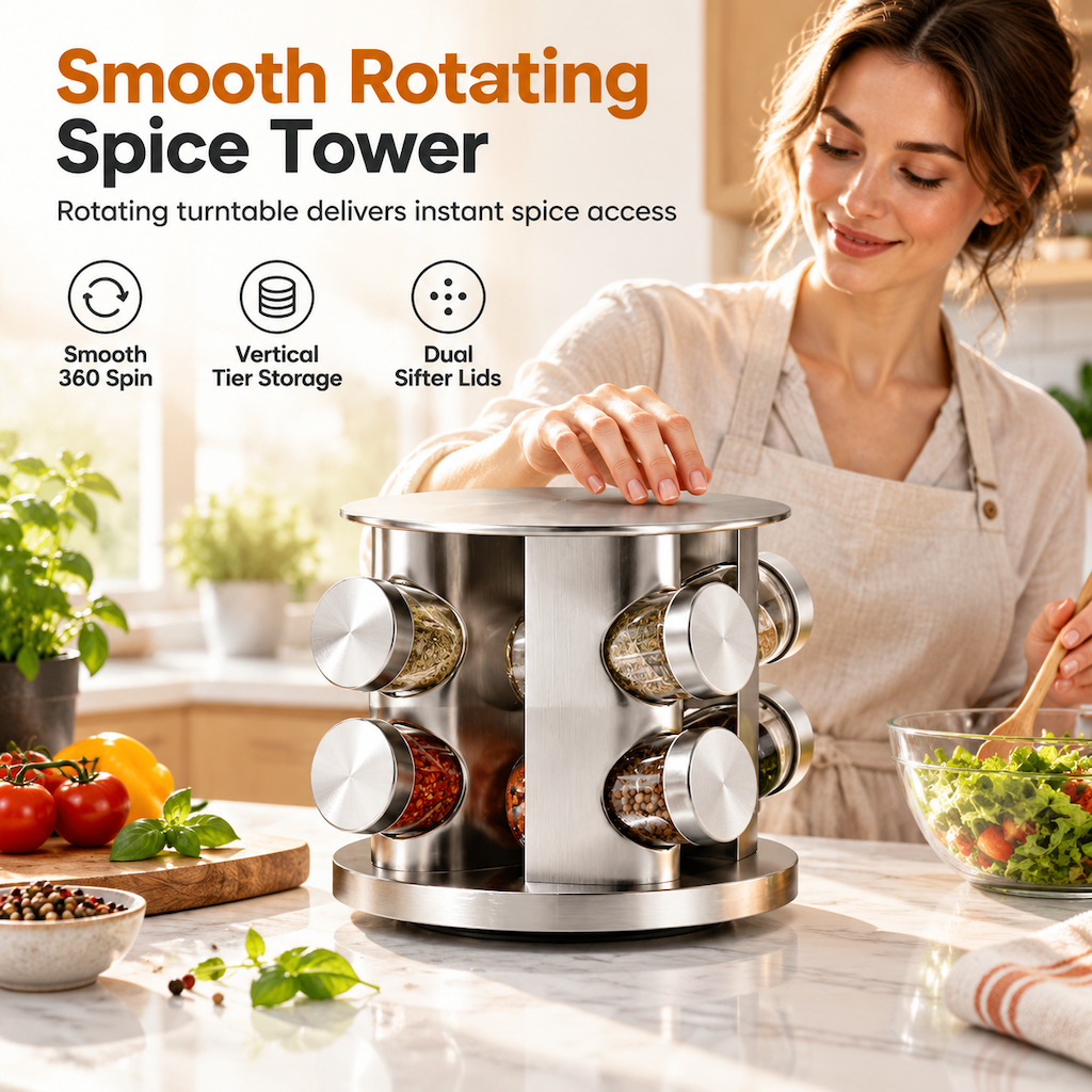 🔥49% OFF!!📢🍳 Stainless Steel 360° Rotating Spice Rack – Keep Every Seasoning Within Reach, Tidy Up Your Kitchen in Minutes ✨