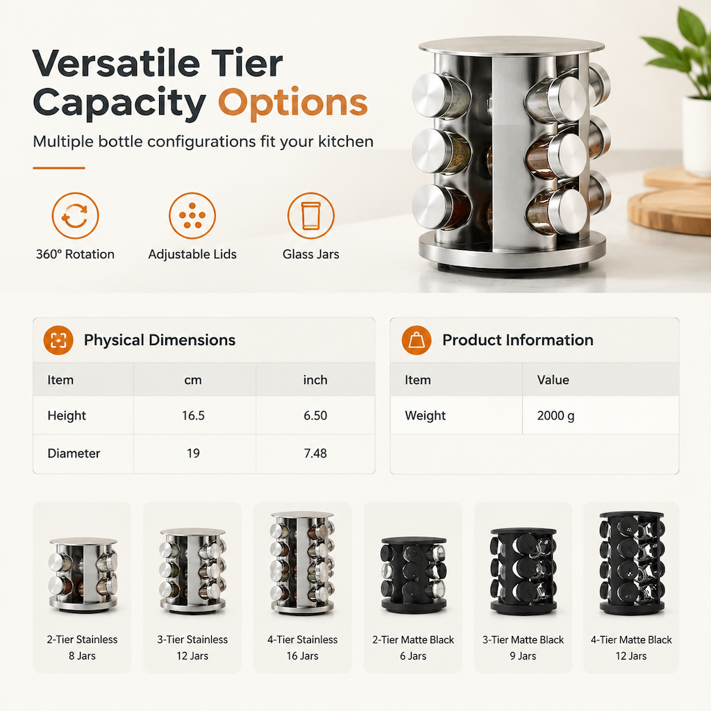 🔥49% OFF!!📢🍳 Stainless Steel 360° Rotating Spice Rack – Keep Every Seasoning Within Reach, Tidy Up Your Kitchen in Minutes ✨