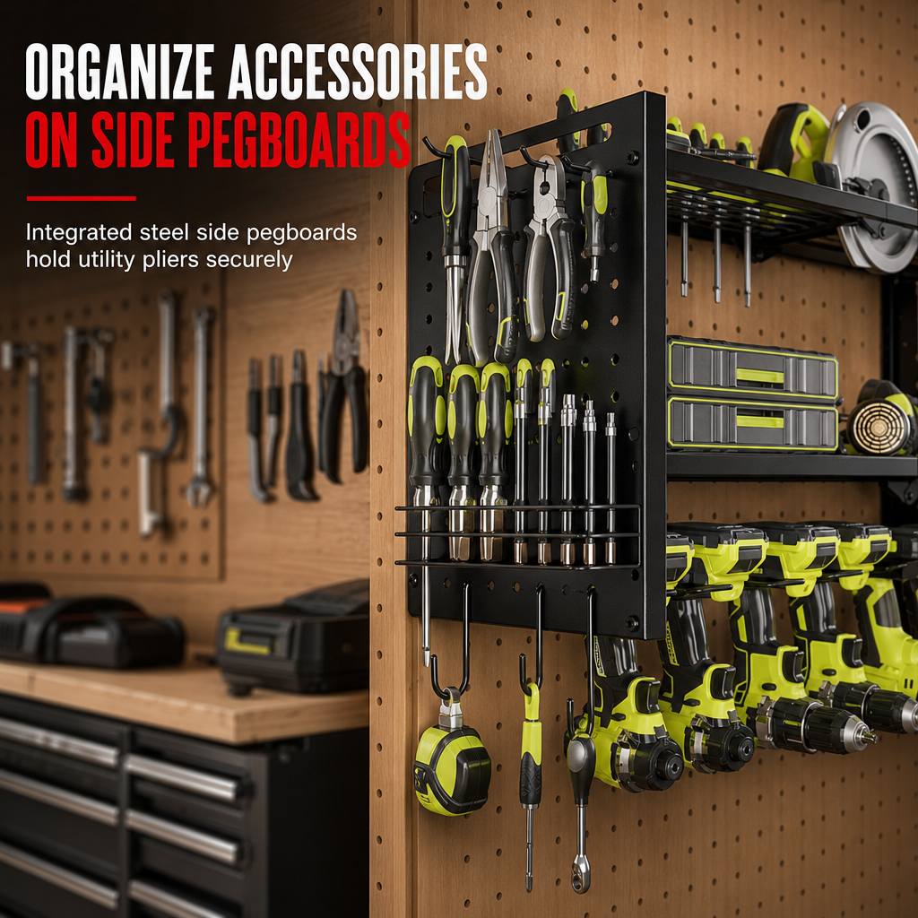🔩 Wall-Mounted Power Tool Organizer – Heavy-Gauge Steel, Drill Charging Station & Dual Pegboards – Garage Storage 💪