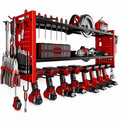 🔩 Wall-Mounted Power Tool Organizer – Heavy-Gauge Steel, Drill Charging Station & Dual Pegboards – Garage Storage 💪