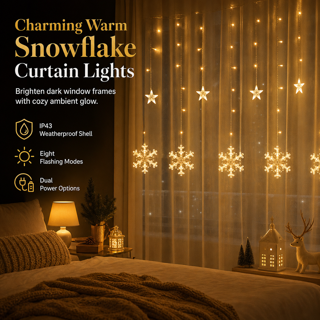 ❄️ 49% OFF! ✨ LED Snowflake Curtain Lights – Waterproof & festive décor ✨
