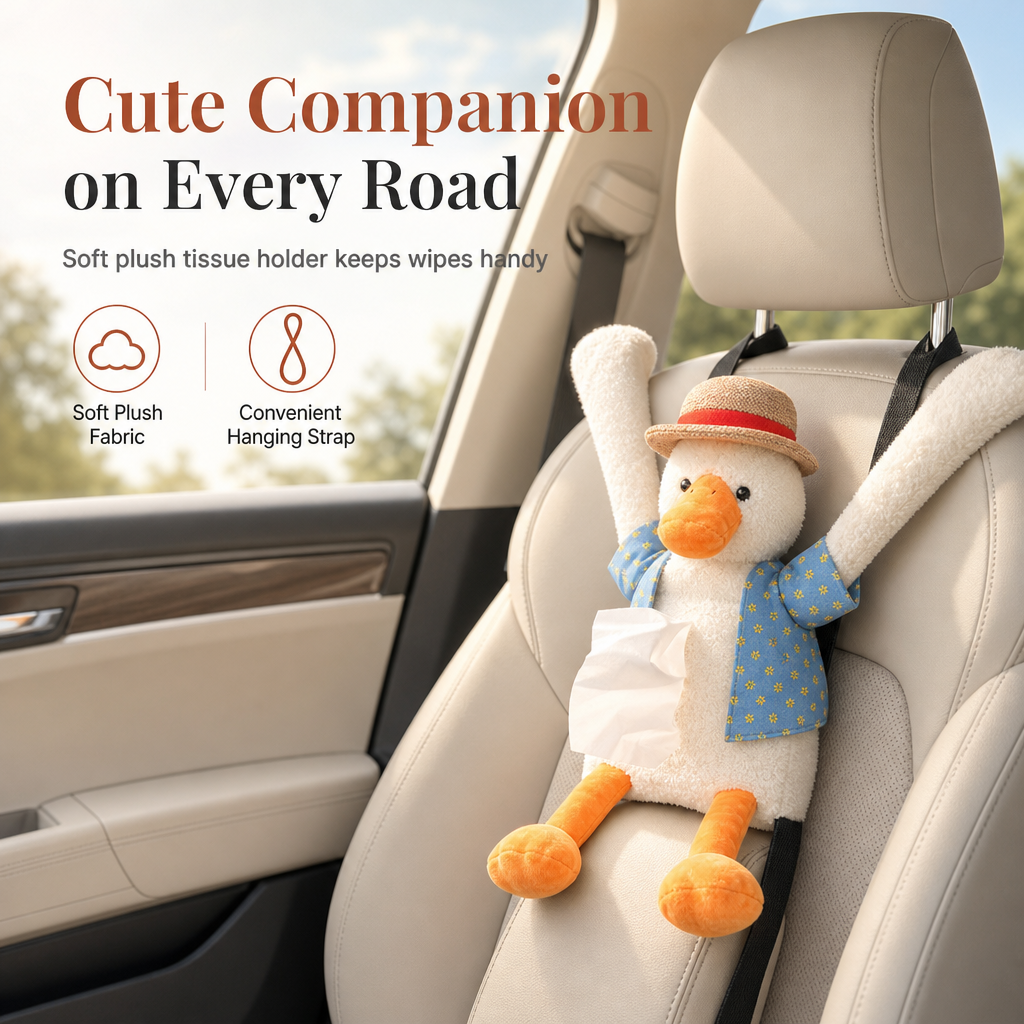 📢📢 49% OFF🧻Cute Plush Duck Car Tissue Holder – Hanging Cartoon Animal Tissue Dispenser for Car Interior Decor