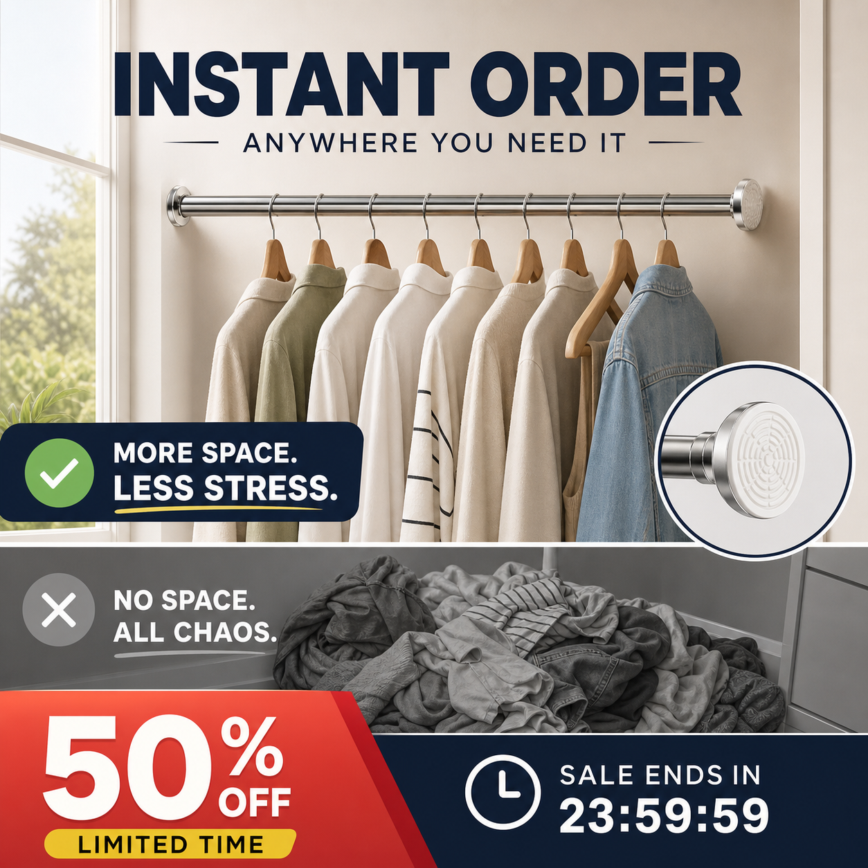 🧥49% OFF NOW! Adjustable No‑Drill Tension Rod, 70‑100cm Spring Tension Clothes Hanging Rod, No‑Damage Non‑Slip Closet Curtain Rod, Max 15KG Load for Wardrobe, Bathroom