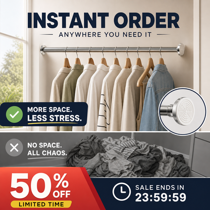 🧥49% OFF NOW! Adjustable No‑Drill Tension Rod, 70‑100cm Spring Tension Clothes Hanging Rod, No‑Damage Non‑Slip Closet Curtain Rod, Max 15KG Load for Wardrobe, Bathroom