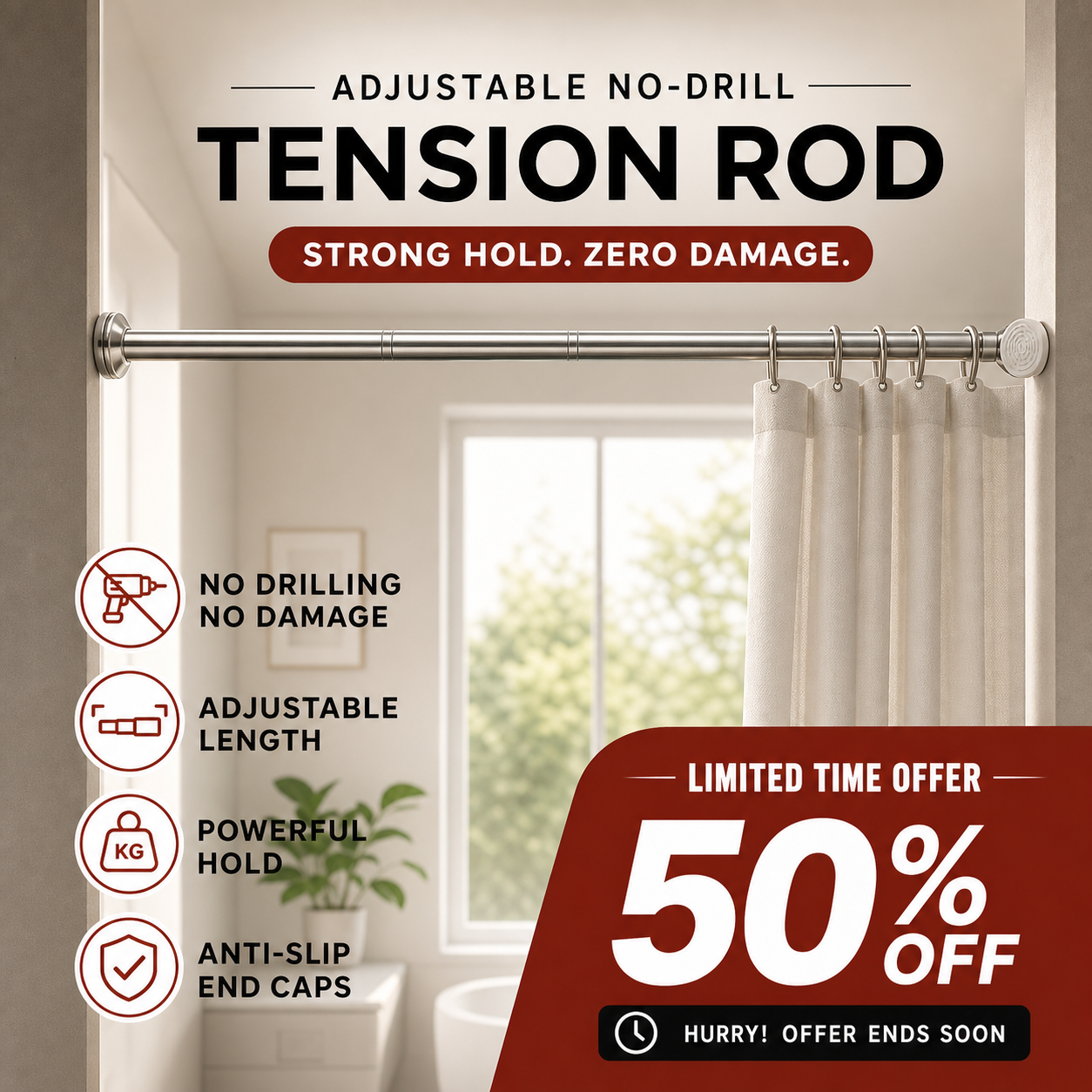 🧥49% OFF NOW! Adjustable No‑Drill Tension Rod, 70‑100cm Spring Tension Clothes Hanging Rod, No‑Damage Non‑Slip Closet Curtain Rod, Max 15KG Load for Wardrobe, Bathroom